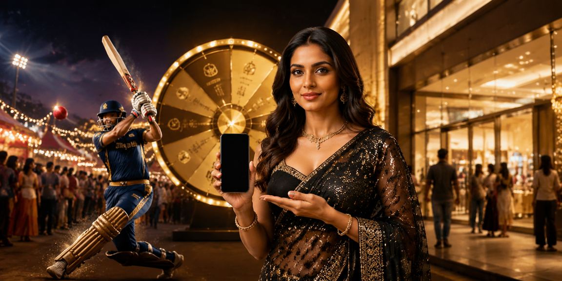 Night market scene in India with cricket and betting themes